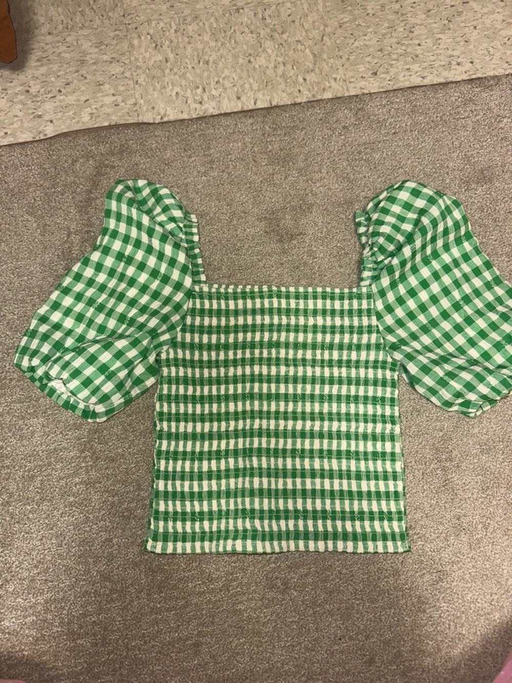 BB Dakota Green and White Gingham Puff-Sleeve Crop Top